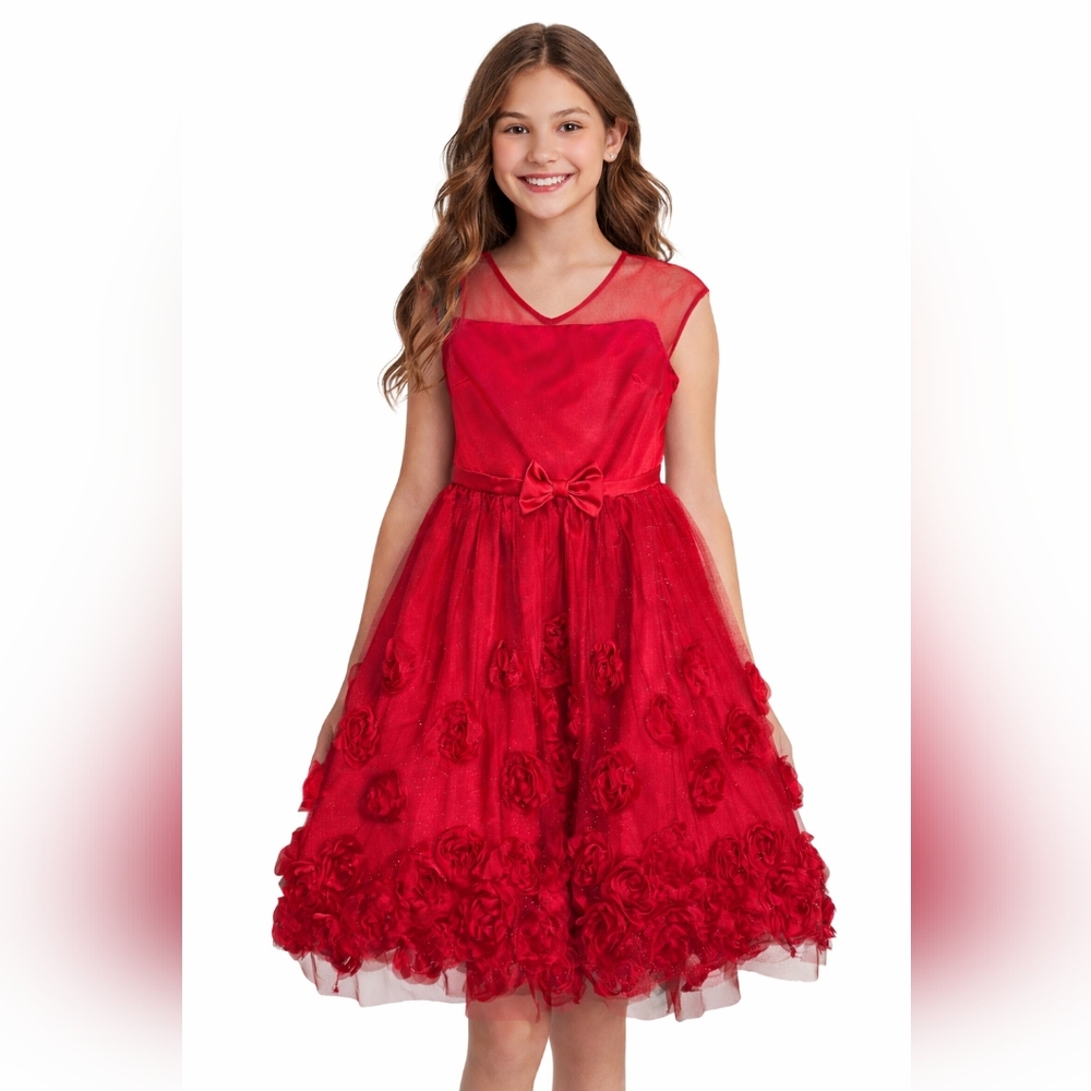KensieGirl Red Rosette Tulle Party Glittered Dress – Girls Size 14